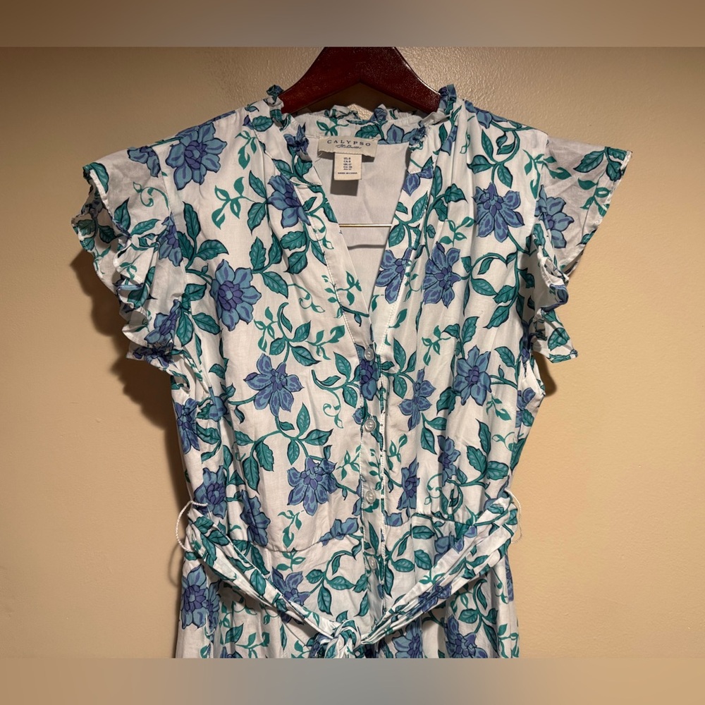 Calypso St. Barth floral print mini button down shirt dress flutter sleeve - Picture 7 of 13